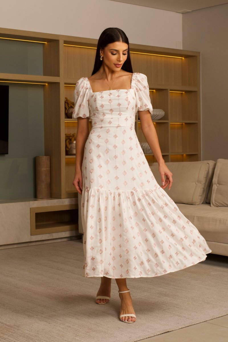 Vestido Ophélia – Midi em Algodão Bordado com Manga Princesa